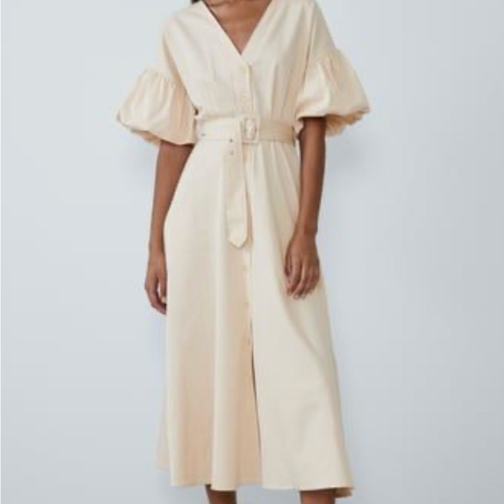 Zara Cream Midi Dress with Puff Sleeves